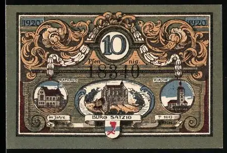 Notgeld Jacobshagen 1920, 10 Pfennig, Burg Satzig und Wappen, Rathausszene und Kirche