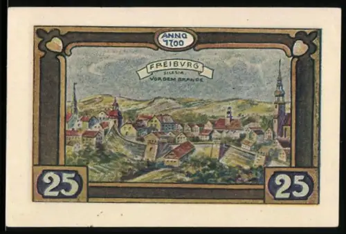 Notgeld Freiburg i. Schl. 1921, 25 Pfennig, Ortsansicht und Wappen mit Silhouette