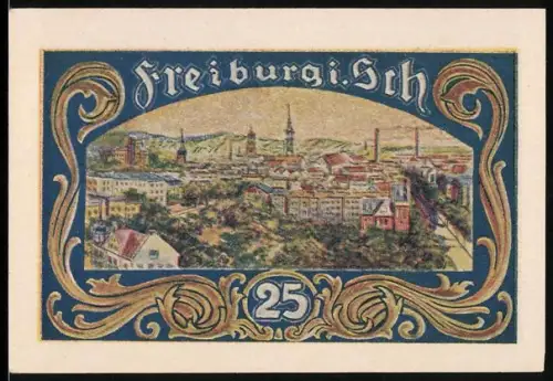 Notgeld Freiburg i. Sch. 1921, 25 Pfennig, Ortsansicht und Wappen mit Gebäude