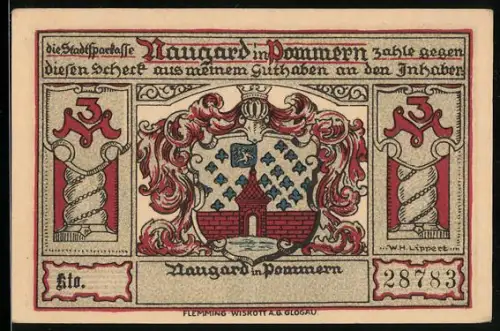 Notgeld Naugard i. Pommern, 3 Mark, Wappen und Ortsansicht mit Bismarck und Schill