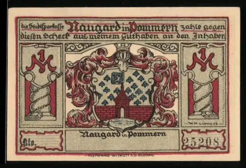 Notgeld Naugard i. Pommern, 1 Mark, Wappen und Kirche mit Bismarck und Schill
