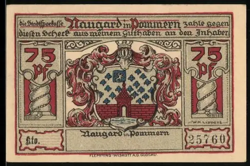 Notgeld Naugard i. Pommern, 75 Pf, Wappen und neues Rathaus mit historischen Persönlichkeiten