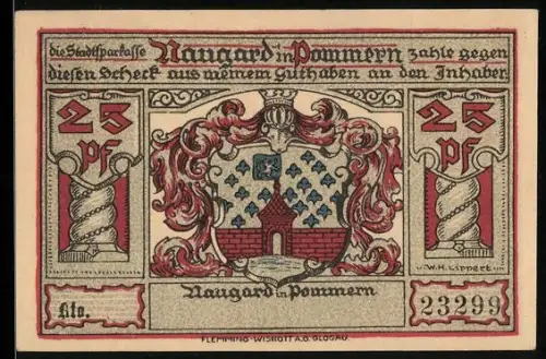 Notgeld Naugard i. Pommern, 25 Pf, Wappen und Pokale der Handwerker und Schützen