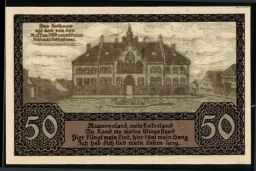 Notgeld Johannisburg /Ostpr. 1920, 50 Pfennig, Rathaus und Stadtwappen