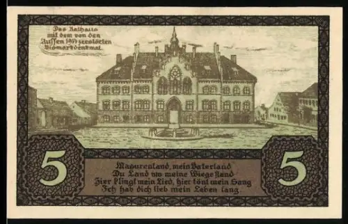 Notgeld Johannisburg /Ostpreussen 1920, 5 Pf., Rathaus und Wappen mit Wisentkopf