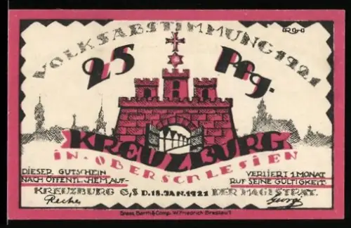 Notgeld Kreuzburg /O.S. 1921, 25 Pfennig, Festung mit Stern und Kirche bei Nacht
