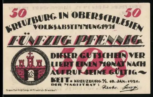 Notgeld Kreuzburg i. Oberschlesien 1921, 50 Pfennig, Stadtwappen und Kreuzherr mit rotem Stern