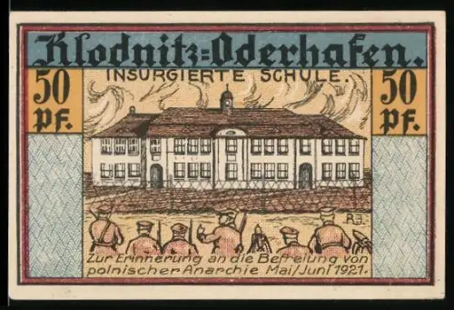 Notgeld Klodnitz-Oderhafen 1921, 50 Pf, Gebäude mit Inschrift und Baum mit Wappen