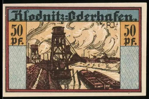 Notgeld Klodnitz-Oderhafen 1921, 50 Pf, Oderhafen, Industrieanlagen und Wappen mit Baum