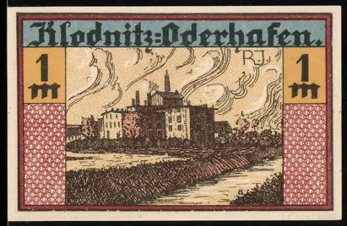 Notgeld Klodnitz-Oderhafen 1921, 1 Mark, Fabrikgebäude und Baum mit Wappen