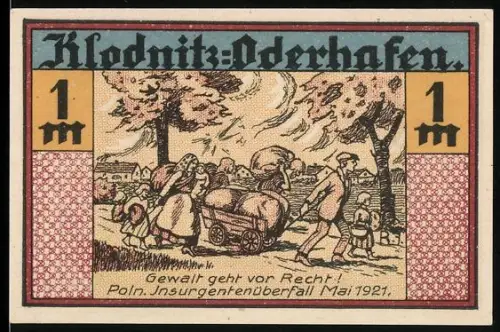 Notgeld Klodnitz-Oderhafen 1921, 1 Mark, Familienflucht mit Karren, Baum und Wappen