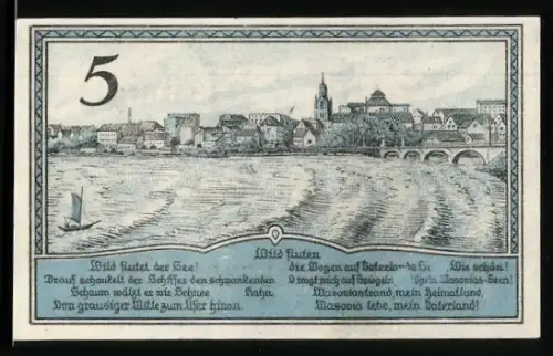 Notgeld Lyck i. Masuren 1920, 5 Pfennig, Ortsansicht und Wappen von Lyck