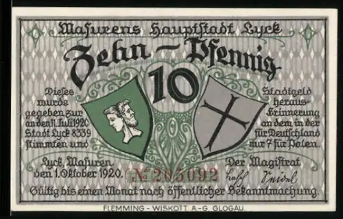 Notgeld Lyck 1920, 10 Pfennig, Ortsansicht und zwei Wappen