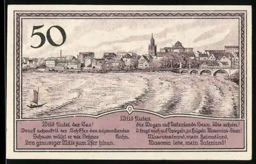 Notgeld Lyck i. Ostpr. 1920, 50 Pfennig, Ortsansicht und Wappen von Lyck