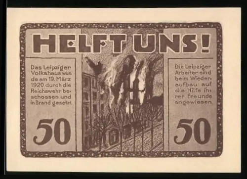 Notgeld Leipzig 1922, 50 Pfennig, brennendes Volkshaus und Gebäudeansicht