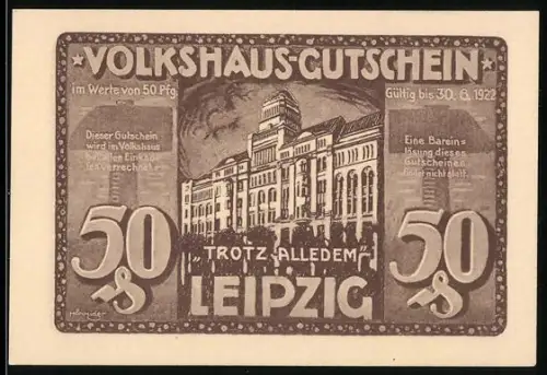 Notgeld Leipzig 1922, 50 Pfennig, Volksgebäude und Brandmotiv mit Hilfsaufruf