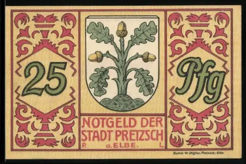 Notgeld Pretzsch a. Elbe 1921, 25 Pfennig, Eichenlaub und Schlossansicht