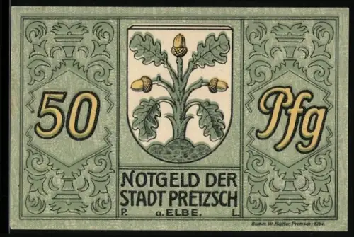 Notgeld Pretzsch a. Elbe 1921, 50 Pfennig, Eicheln und Schlossansicht