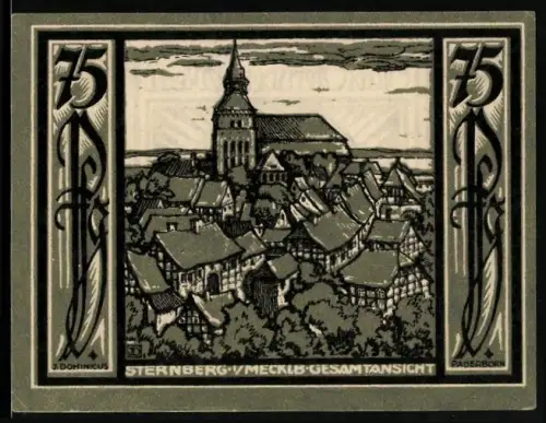 Notgeld Sternberg i. Meckl., 75 Pfennig, Stadtsilhouette und Wappen