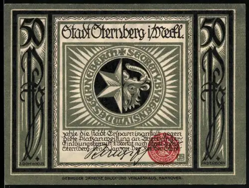 Notgeld Sternberg i. Mecklb., 50 Pf, Wappen und Marktplatz mit Turm und Gebäuden