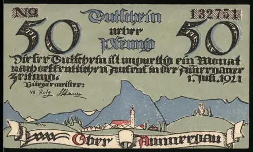 Notgeld Oberammergau 1921, 50 Pfennig, Landschaftspanorama und Baum mit Figuren