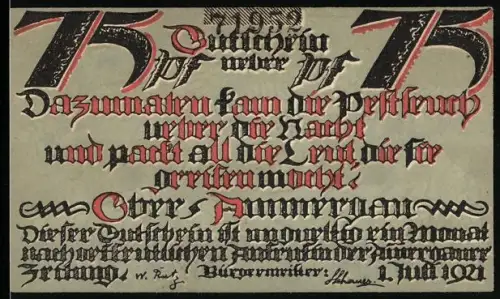 Notgeld Oberammergau 1921, 75 Pf, Skelett über Stadtlandschaft und Spruchband