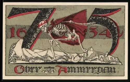 Notgeld Oberammergau 1921, 75 Pfennig, Skelett und Berglandschaft