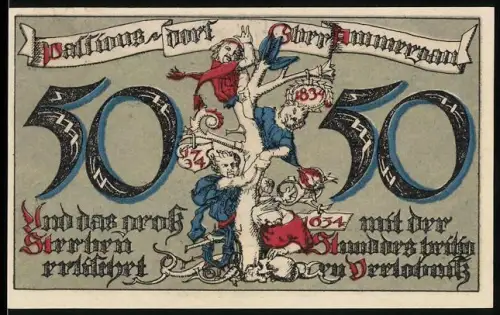 Notgeld Oberammergau 1921, 50 Pfennig, humorvolles Motiv mit Figuren und Landschaftsansicht mit Kirche