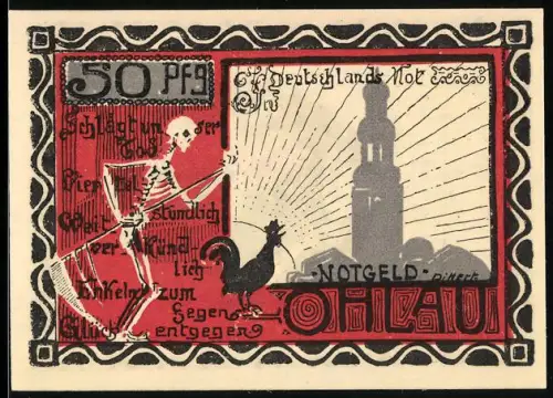 Notgeld Ohlau 1919, 50 Pf, Skelett und Hahn, Turm im Sonnenaufgang, Silhouette eines Fontane