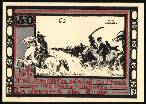 Notgeld Ohlau 1921, 50 Pf, Seydlitz steigt zu Pferde, Reiterangriff und Ortsansicht mit Anker und Schiff