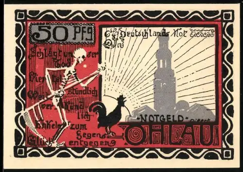 Notgeld Ohlau, 50 Pf, Skelett mit Hahn und Reiterkampf in der Schlacht bei Zorndorf mit General Seydlitz