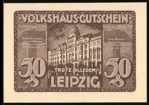 Notgeld Leipzig 1922, 50 Pfennig, Volksgebäude und Brandkatastrophe
