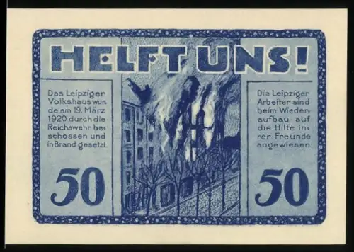 Notgeld Leipzig 1922, 50 Pfennig, Volkshaus in Flammen und Gebäudeansicht