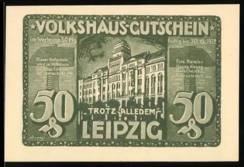 Notgeld Leipzig 1922, 50 Pfennig, Volksgebäude und Brandmotiv