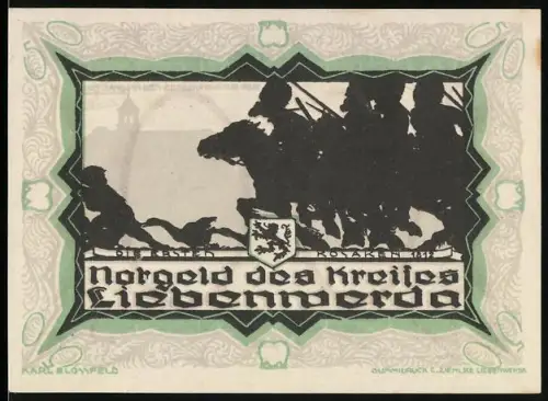 Notgeld Liebenwerda 1921, 50 Pfennig, Die ersten Kosaken, Reiter mit Speeren und Wappen des Kreises
