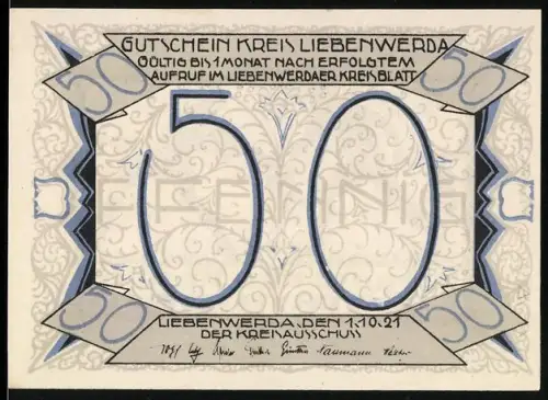 Notgeld Liebenwerda 1921, 50 Pfennig, Silhouetten zweier Feuerwehrleute mit Löscheimern, Der Grosse Brand im Jahre 1681