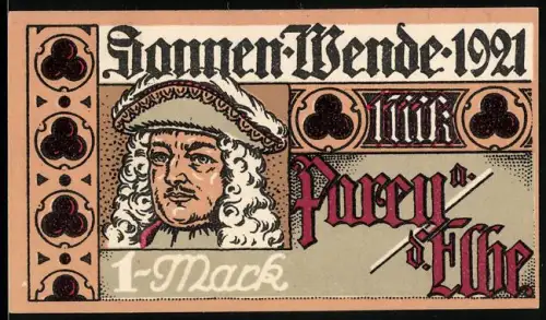 Notgeld Parey a. Elbe 1921, 1 Mark, Porträt Friedrich I. von Preussen, Text mit Gedicht auf der Rückseite