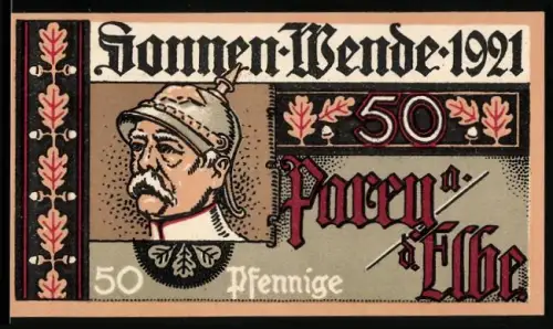 Notgeld Parey a. Elbe 1921, 50 Pfennig, Porträt Bismarck mit Pickelhaube und Eichenlaubmuster