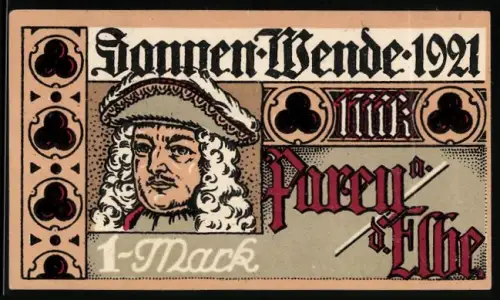 Notgeld Parey a. Elbe 1921, 1 Mark, Porträt Friedrich I. von Preussen und Gedicht über Brandenburger Geschichte