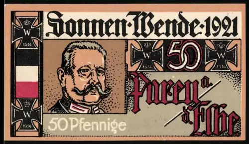 Notgeld Parey a. Elbe 1921, 50 Pfennig, Porträt Hindenburg mit Eisernem Kreuz und Gedicht