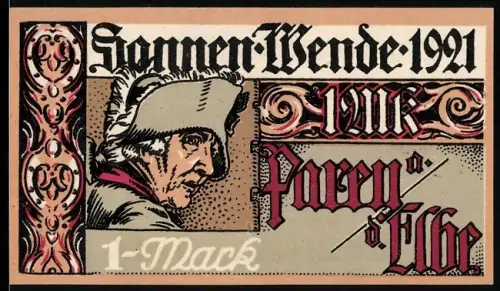 Notgeld Parey a. Elbe 1921, 1 Mark, Friedrich der Grosse und Sonnenwende-Motiv