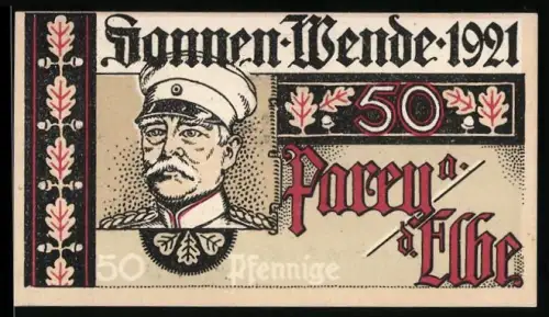 Notgeld Parey a. d. Elbe 1921, 50 Pfennig, Porträt Bismarck und Eichenlaubmuster