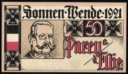 Notgeld Parey a. d. Elbe 1921, 50 Pfennig, Porträt Hindenburg mit Eisernem Kreuz und Gedicht auf Rückseite