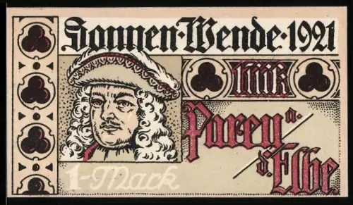 Notgeld Parey a. d. Elbe 1921, 1 Mark, Porträt Friedrich I. von Preussen und dekoratives Textdesign
