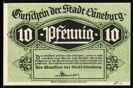 Notgeld Lüneburg, 10 Pfennig, Der alte Kran und historisches Gebäude