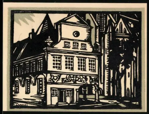 Notgeld Lübeck 1921, 1 Mark, Gebäudeansicht mit Fachwerk und Kirche