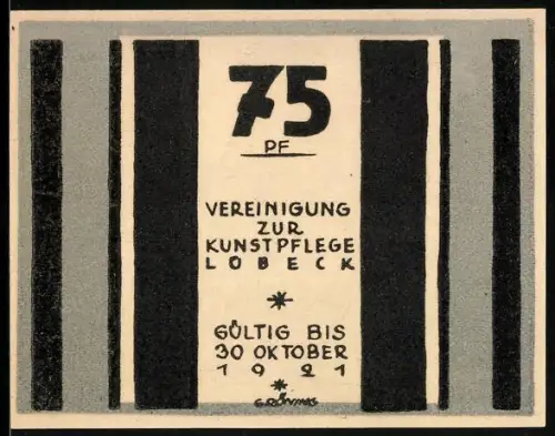 Notgeld Lübeck 1921, 75 Pf, gotische Architektur und Bäume