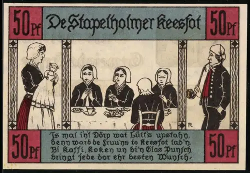 Notgeld Erfde, 50 Pfennig, Dorfszene mit Frauen beim Kaffee und Bauernhaus mit Pferden und Löwe