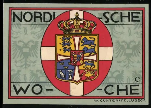 Notgeld Lübeck 1921, 50 Pfennig, Wappen Dänemark und Stadtkirche Lübeck