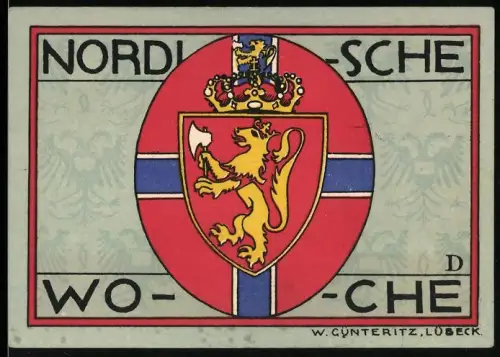 Notgeld Lübeck 1921, 50 Pfennig, Wappen Norwegen mit Löwe und Ortsansicht Lübeck